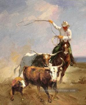 les cowheards et 3 bovins occidentaux originaux Peinture à l'huile